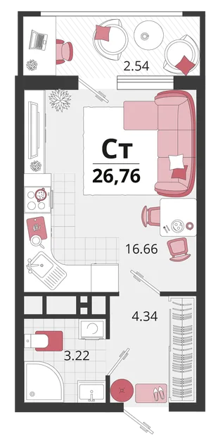 Планировка Студия, 27.15 м² ЖК «Родные просторы»