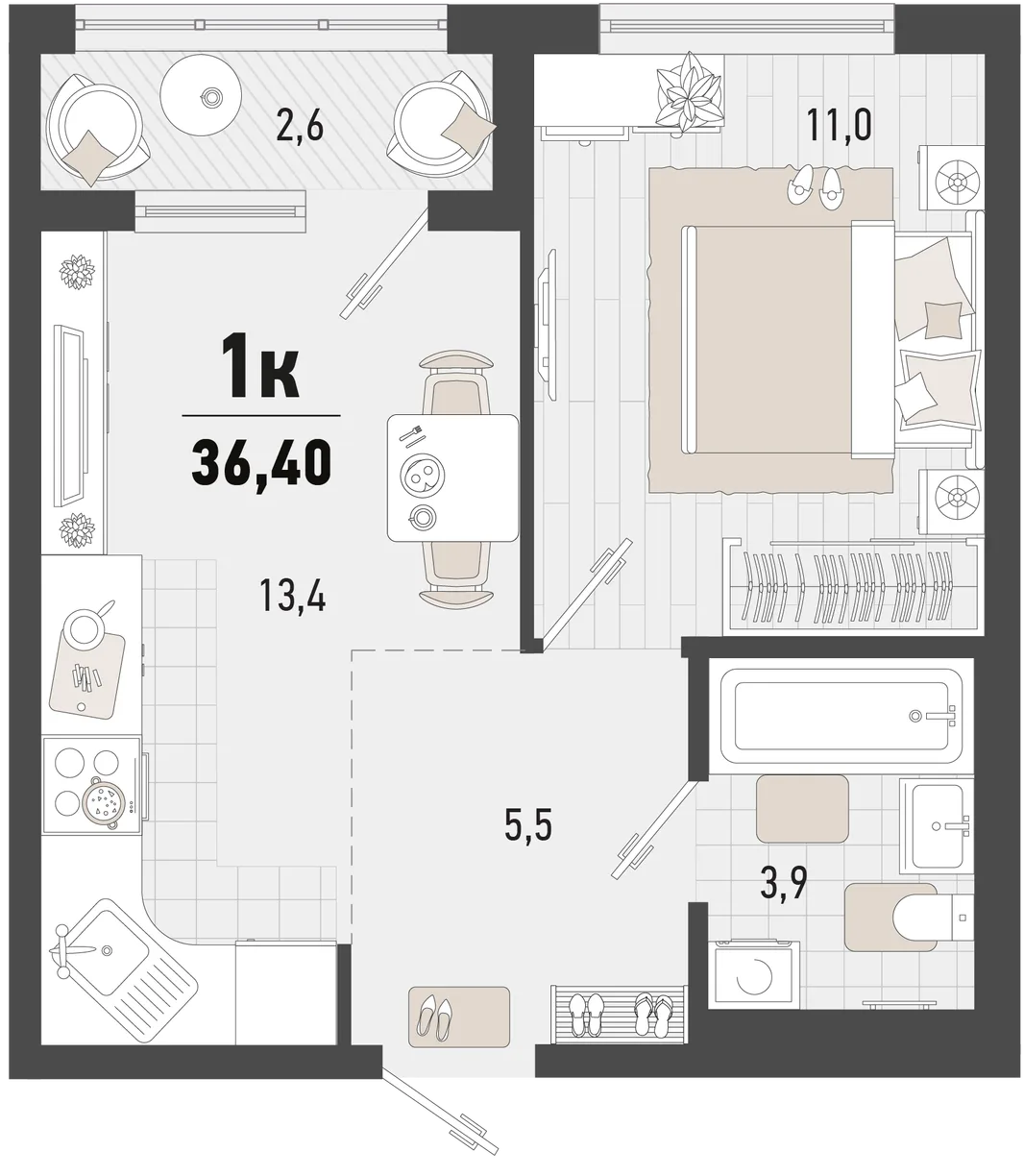 Планировка 1-комн. квартира, 36.4 м² ЖК «Барса»