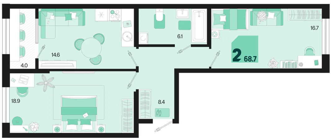 Планировка 2-комн. квартира, 68.7 м² ЖК «Первое место»