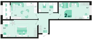 Планировка 2-комн. квартира, 68.7 м² ЖК «Первое место»