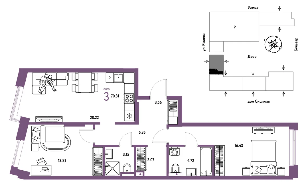 Планировка 3-комн. квартира, 70.31 м² ЖК «Остров-сад»