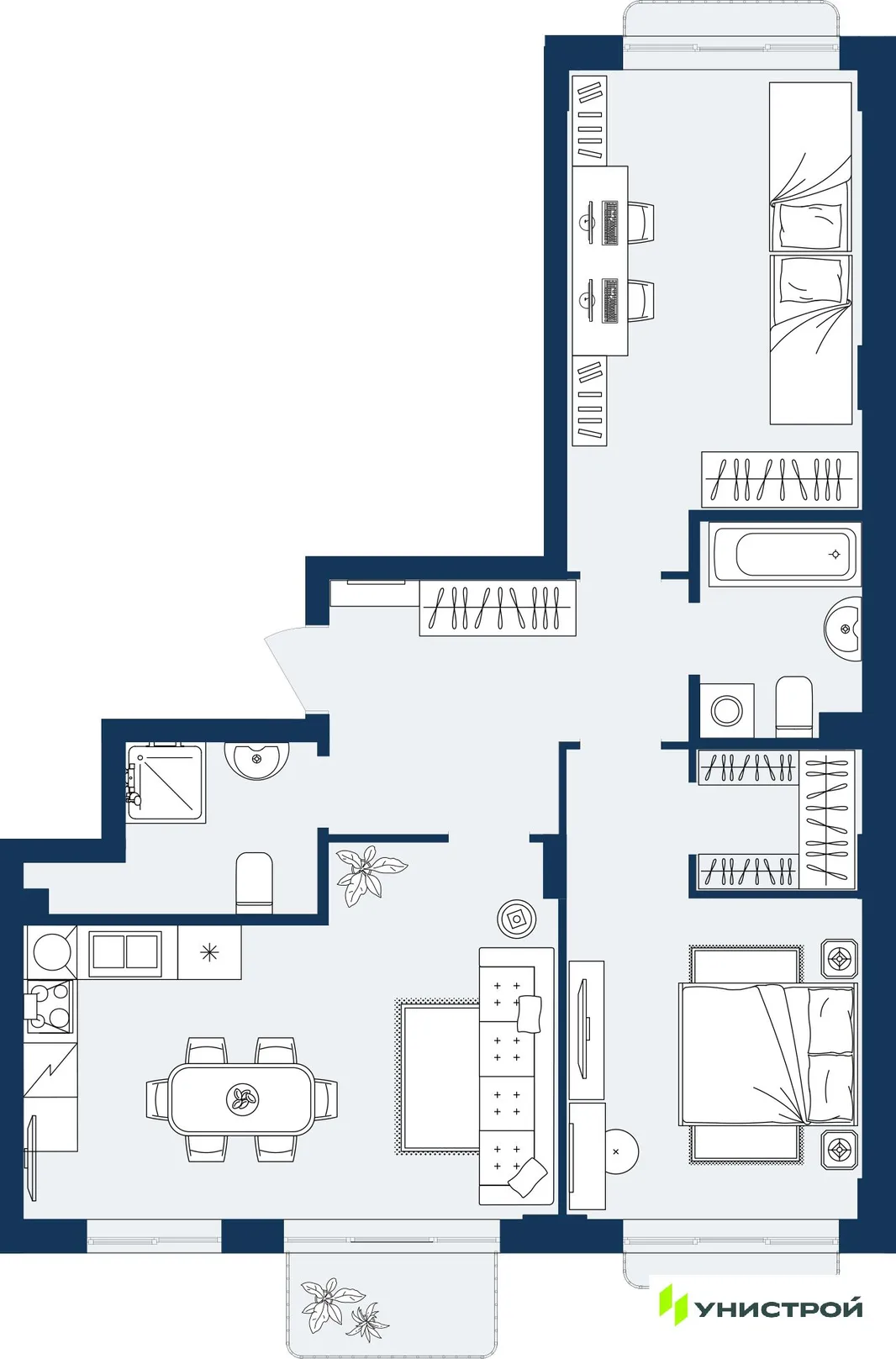 Планировка 2-комн. квартира, 74.55 м² ЖК «ГРАНД БЕРЕГ»