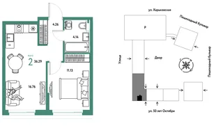 Планировка 2-комн. квартира, 36.29 м² ЖК «Сердце Сибири»
