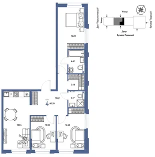 Планировка 4-комн. квартира, 80.59 м² ЖК «Микрорайон Домашний»