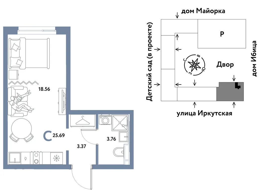 Планировка Студия, 25.69 м² ЖК «Остров-сад»