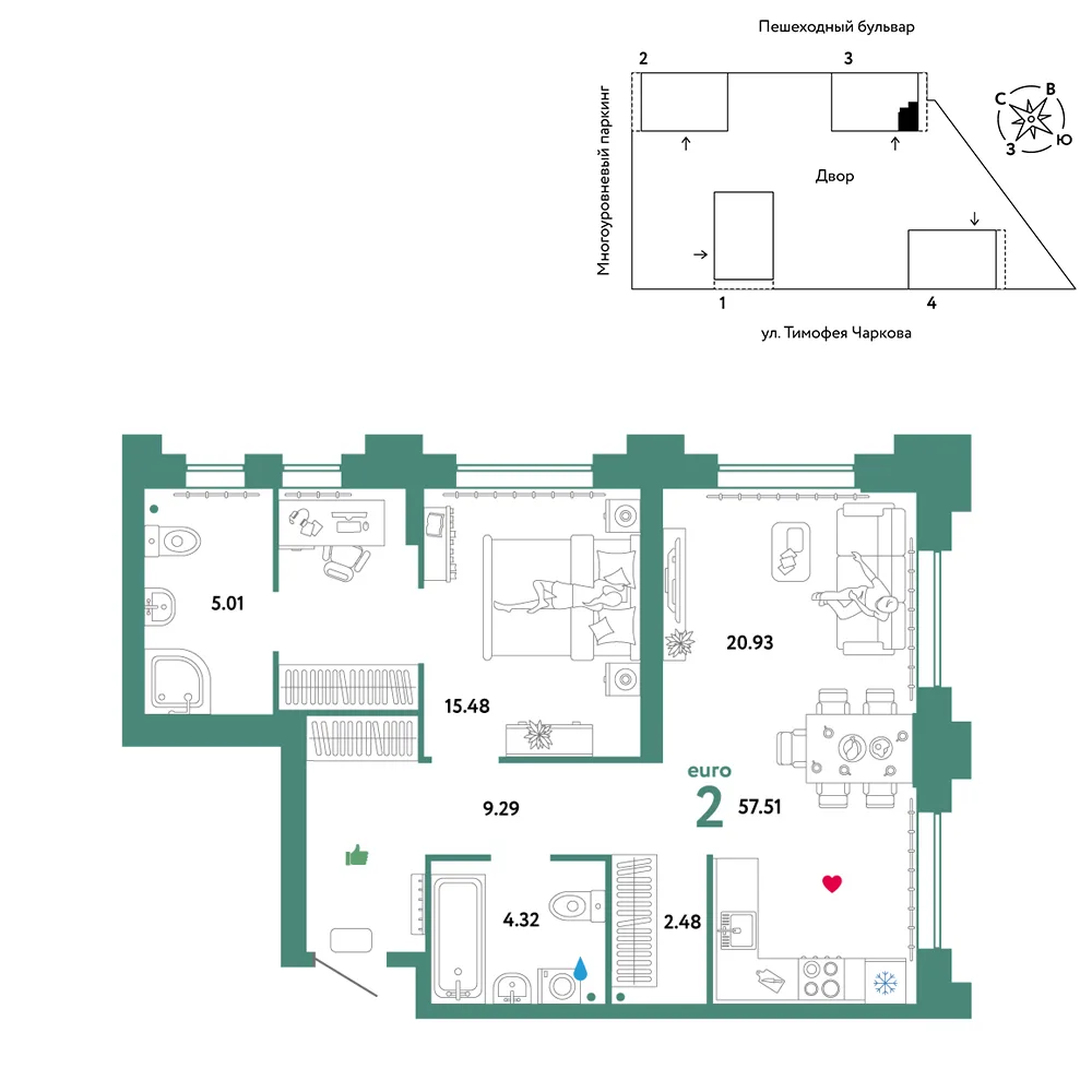 Планировка 2-комн. квартира, 57.51 м² ЖК «Микрорайон Звездный»
