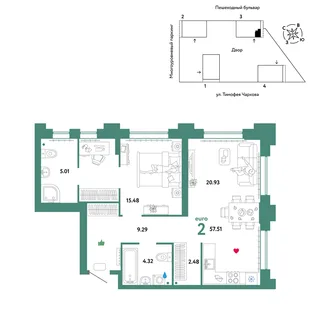 Планировка 2-комн. квартира, 57.51 м² ЖК «Микрорайон Звездный»