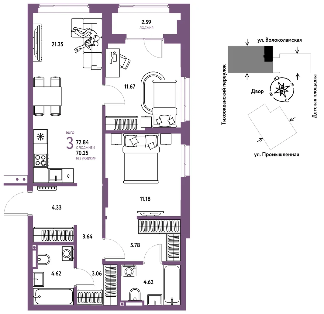 Планировка 3-комн. квартира, 72.84 м² ЖК «Страна Прибрежная»
