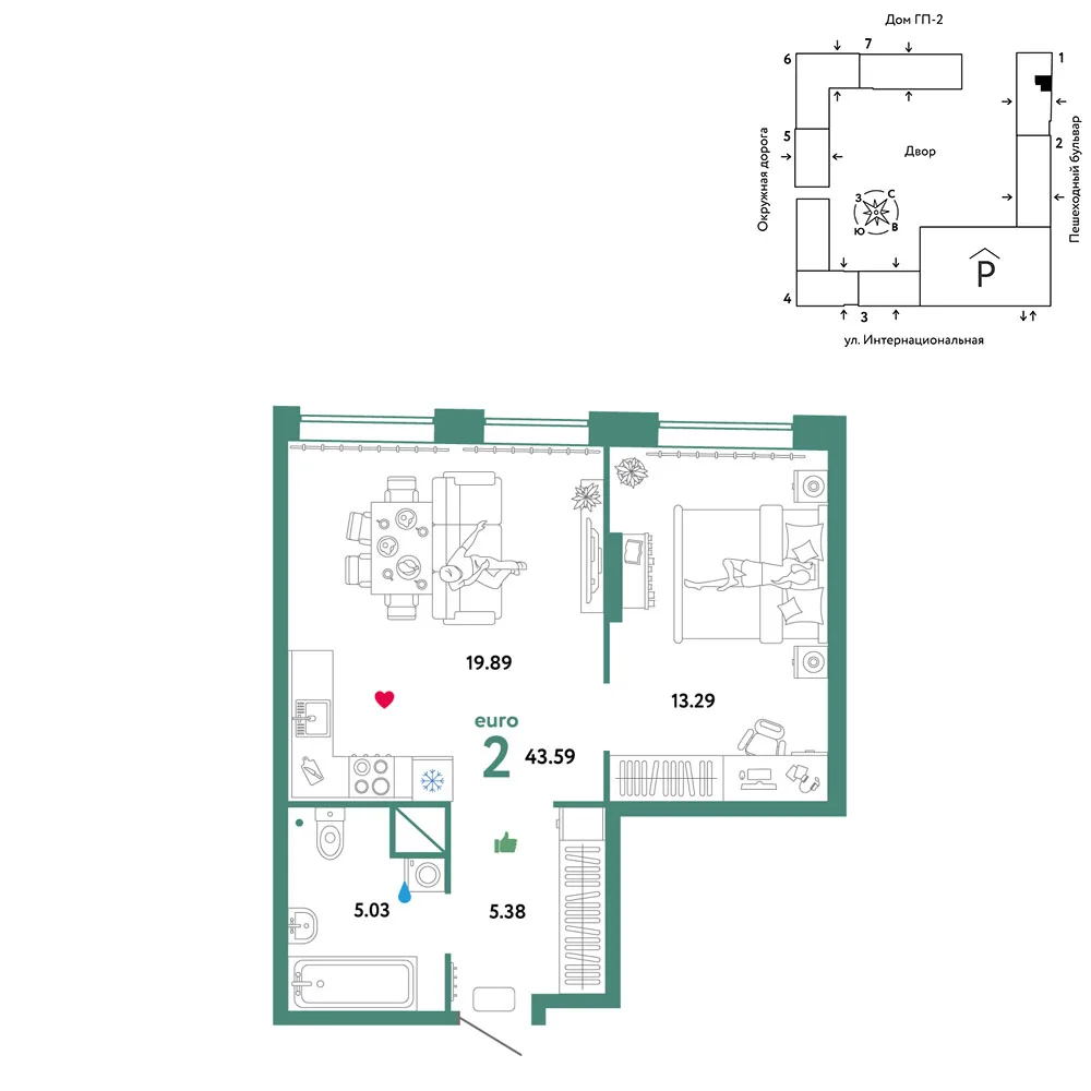 Планировка 2-комн. квартира, 43.59 м² ЖК «Юнион»