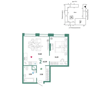 Планировка 2-комн. квартира, 43.59 м² ЖК «Юнион»