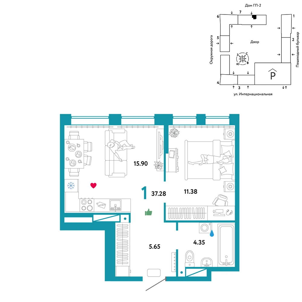 Планировка 1-комн. квартира, 37.28 м² ЖК «Юнион»