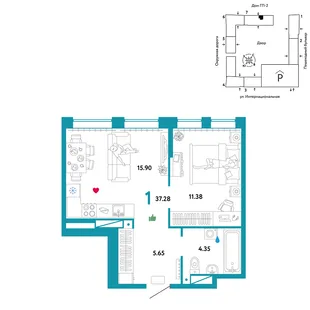 Планировка 1-комн. квартира, 37.28 м² ЖК «Юнион»