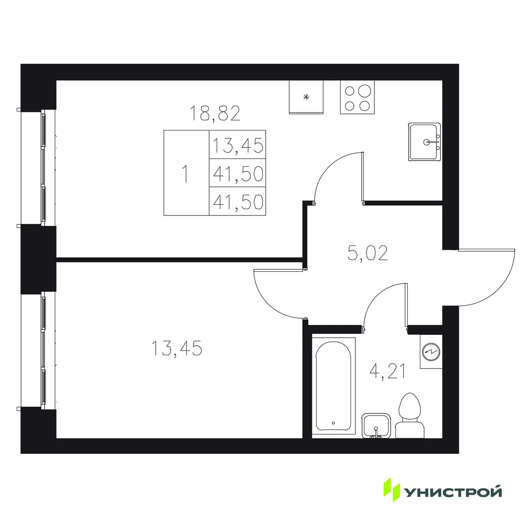 Планировка 1-комн. квартира, 41.5 м² ЖК «Statum»
