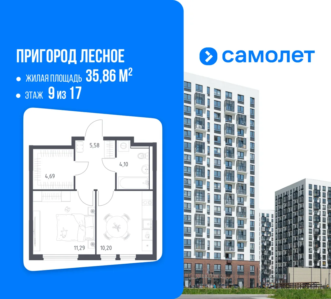 Планировка 1-комн. квартира, 35.86 м² ЖК «Пригород Лесное»