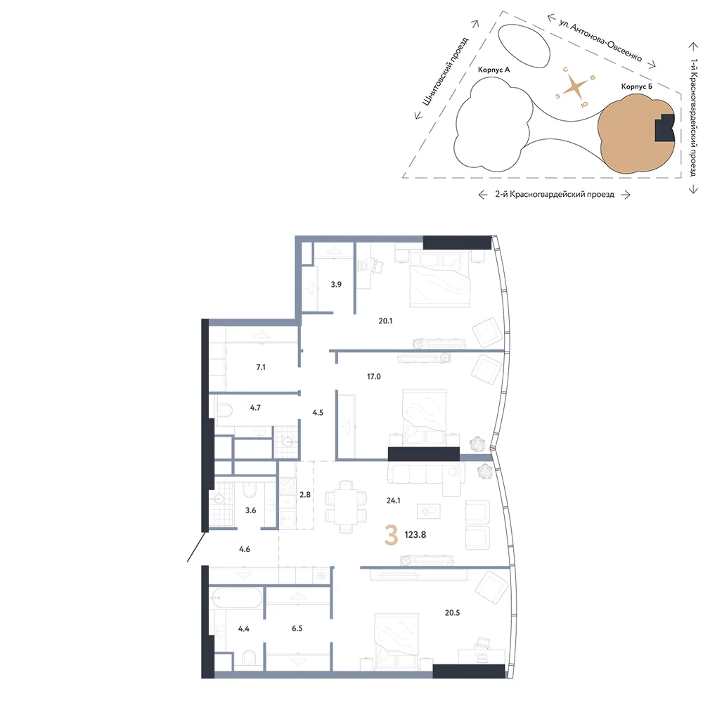 Планировка 3-комн. квартира, 123.8 м² ЖК «АУРУС Резиденции»