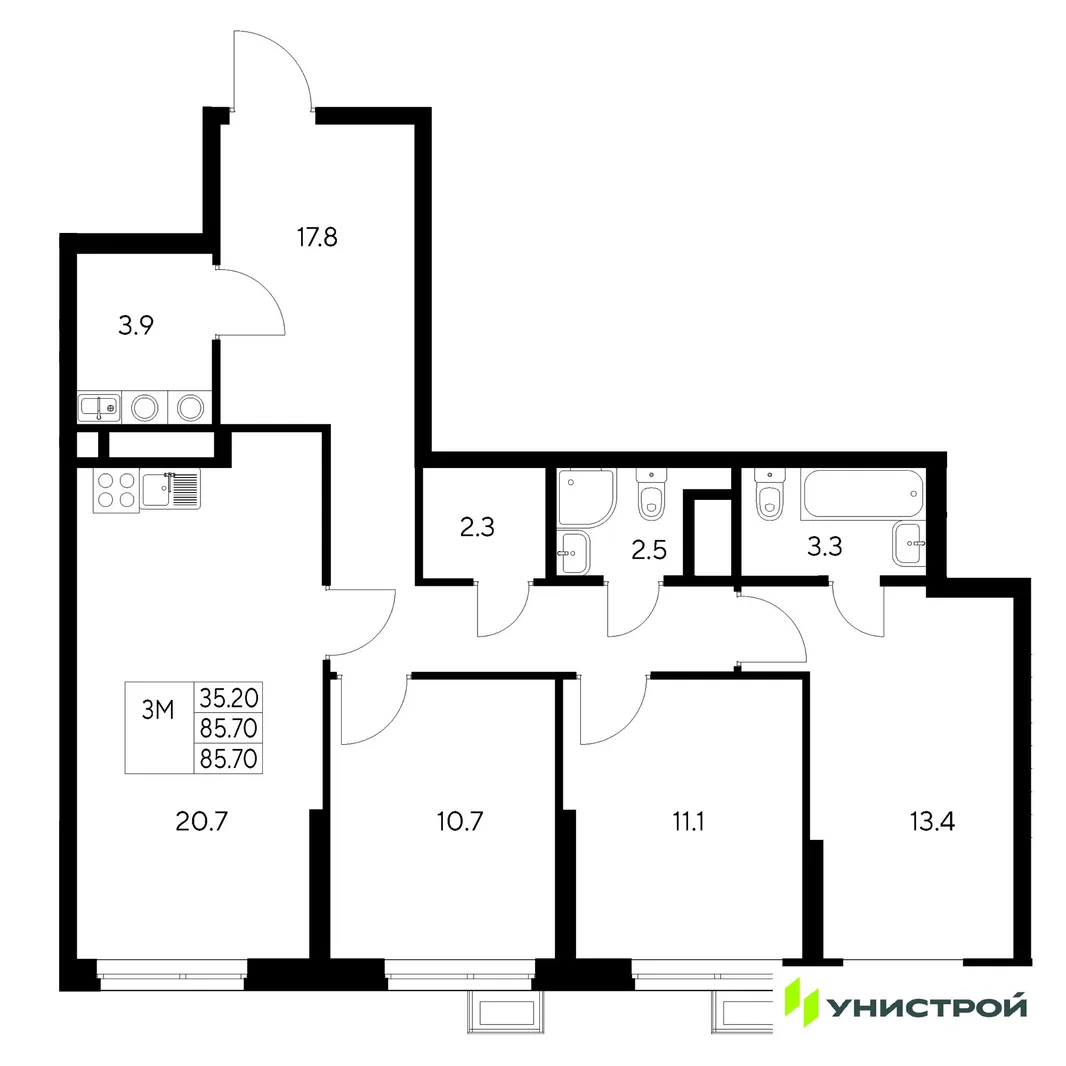 Планировка 3-комн. квартира, 85.7 м² ЖК «Стадиум»