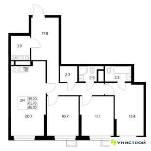 Планировка 3-комн. квартира, 85.7 м² ЖК «Стадиум»