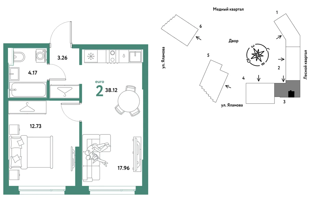 Планировка 2-комн. квартира, 38.12 м² ЖК «Сибирский сад»