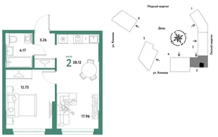 Планировка 2-комн. квартира, 38.12 м² ЖК «Сибирский сад»