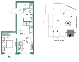 Планировка 2-комн. квартира, 42.14 м² ЖК «Сердце Сибири»
