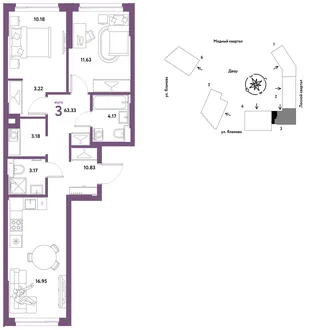 Планировка 3-комн. квартира, 63.33 м² ЖК «Сибирский сад»