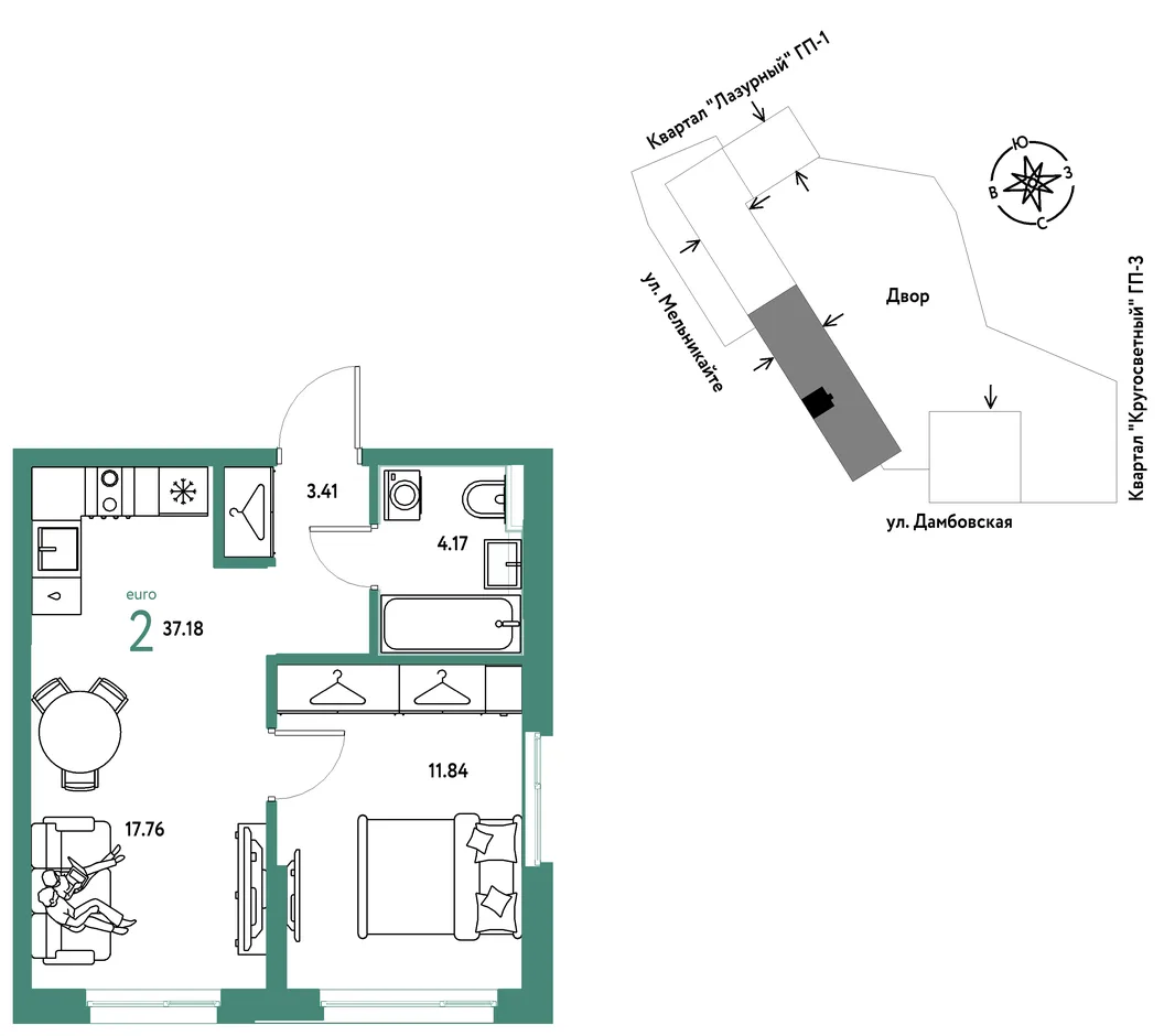 Планировка 2-комн. квартира, 37.18 м² ЖК «Страна Прибрежная»