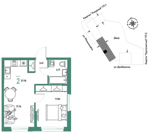 Планировка 2-комн. квартира, 37.18 м² ЖК «Страна Прибрежная»