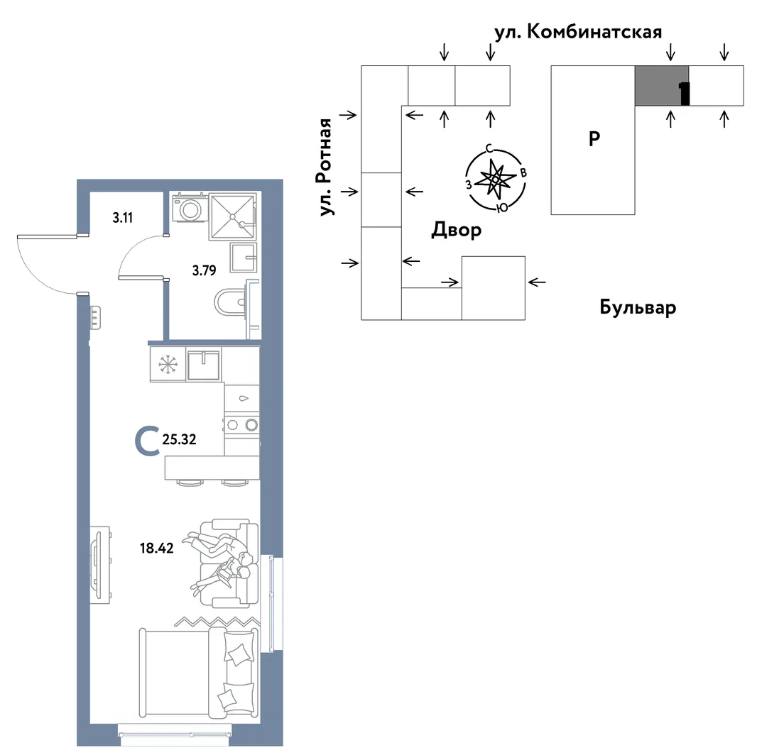 Планировка Студия, 25.19 м² ЖК «Уральский сад»
