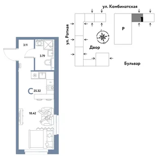 Планировка Студия, 25.19 м² ЖК «Уральский сад»