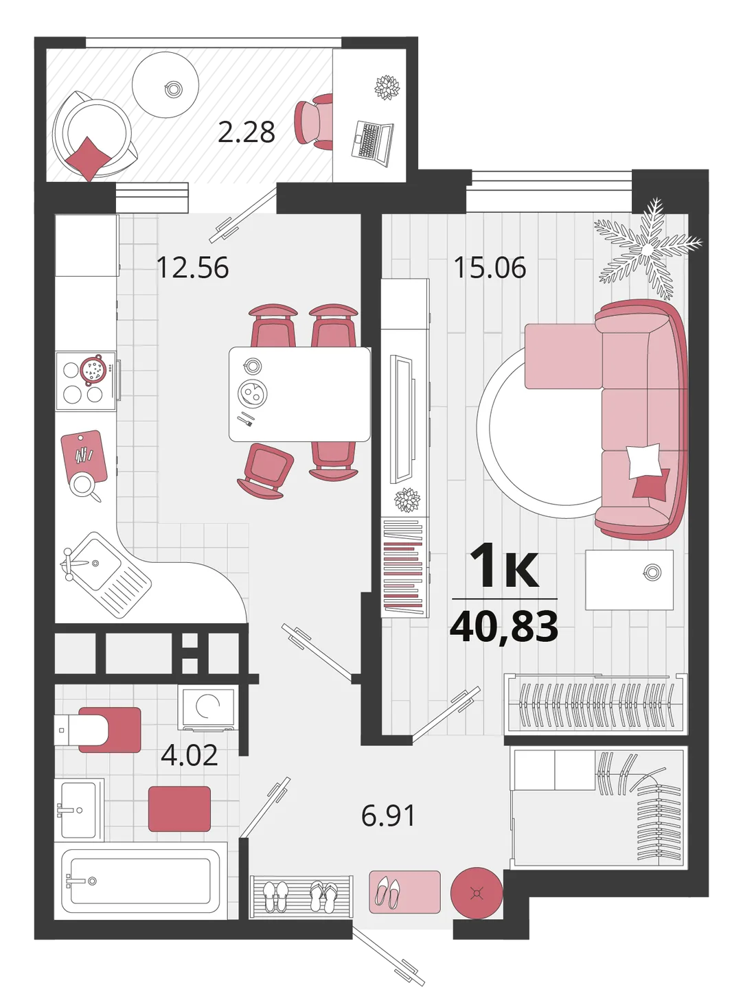 Планировка 1-комн. квартира, 41.25 м² ЖК «Родные просторы»