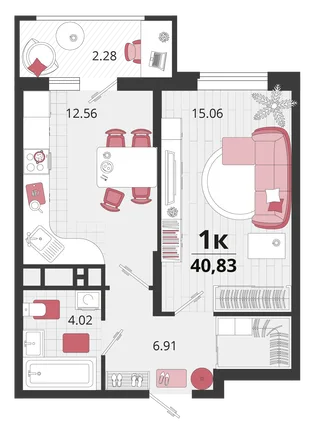 Планировка 1-комн. квартира, 41.25 м² ЖК «Родные просторы»