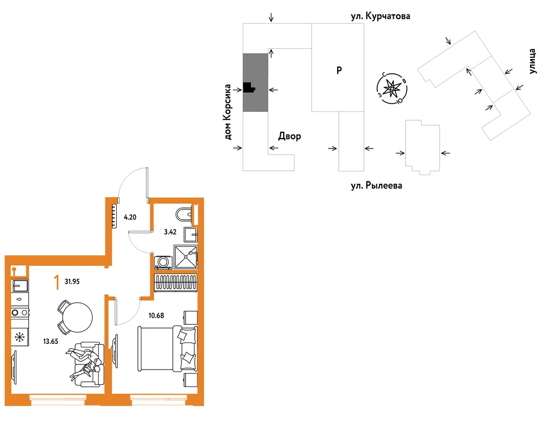 Планировка 1-комн. квартира, 31.66 м² ЖК «Остров-сад»