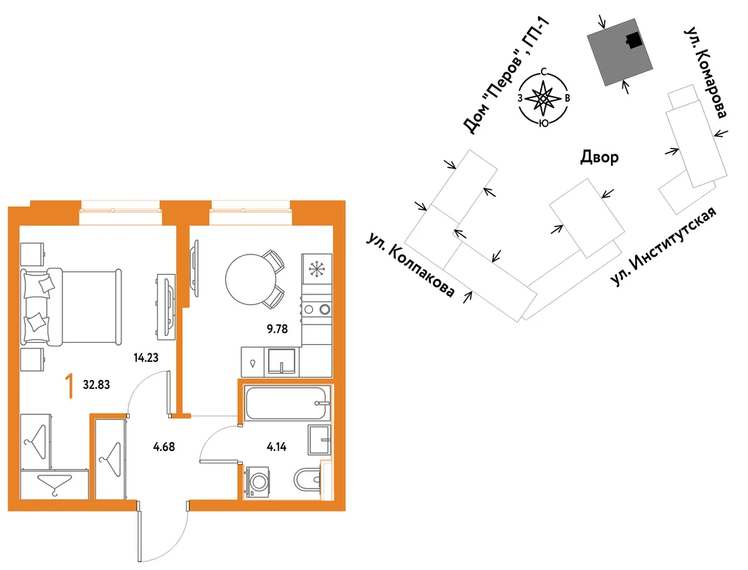 Планировка 1-комн. квартира, 32.83 м² ЖК «Страна.Парковая»
