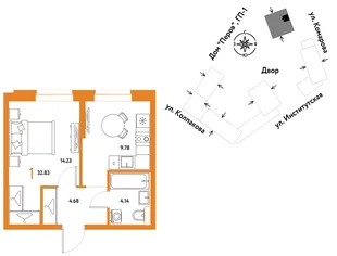 Планировка 1-комн. квартира, 32.83 м² ЖК «Страна.Парковая»