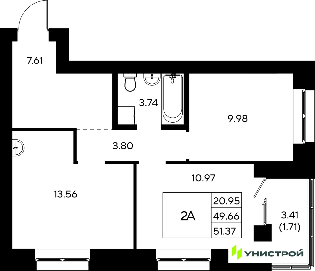 Планировка 2-комн. квартира, 51.37 м² ЖК «Царёво City»