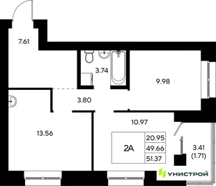 Планировка 2-комн. квартира, 51.37 м² ЖК «Царёво City»