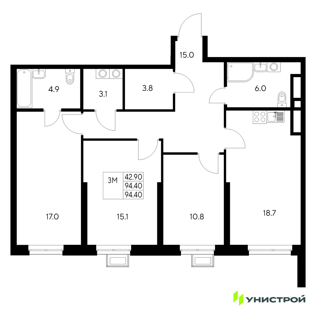 Планировка 3-комн. квартира, 94.4 м² ЖК «Стадиум»