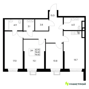Планировка 3-комн. квартира, 94.4 м² ЖК «Стадиум»