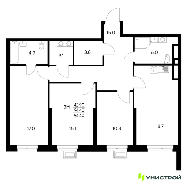 Планировка 3-комн. квартира, 94.4 м² ЖК «Стадиум» Планировка 3-комн. квартира, 94.4 м² ЖК «Стадиум»