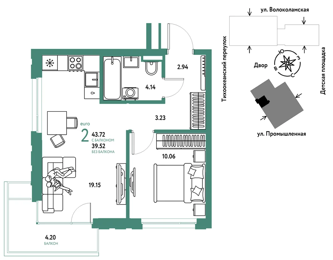 Планировка 2-комн. квартира, 43.72 м² ЖК «Страна Прибрежная»