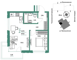 Планировка 2-комн. квартира, 43.72 м² ЖК «Страна Прибрежная»