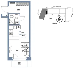 Планировка Студия, 31.34 м² ЖК «Авторский»