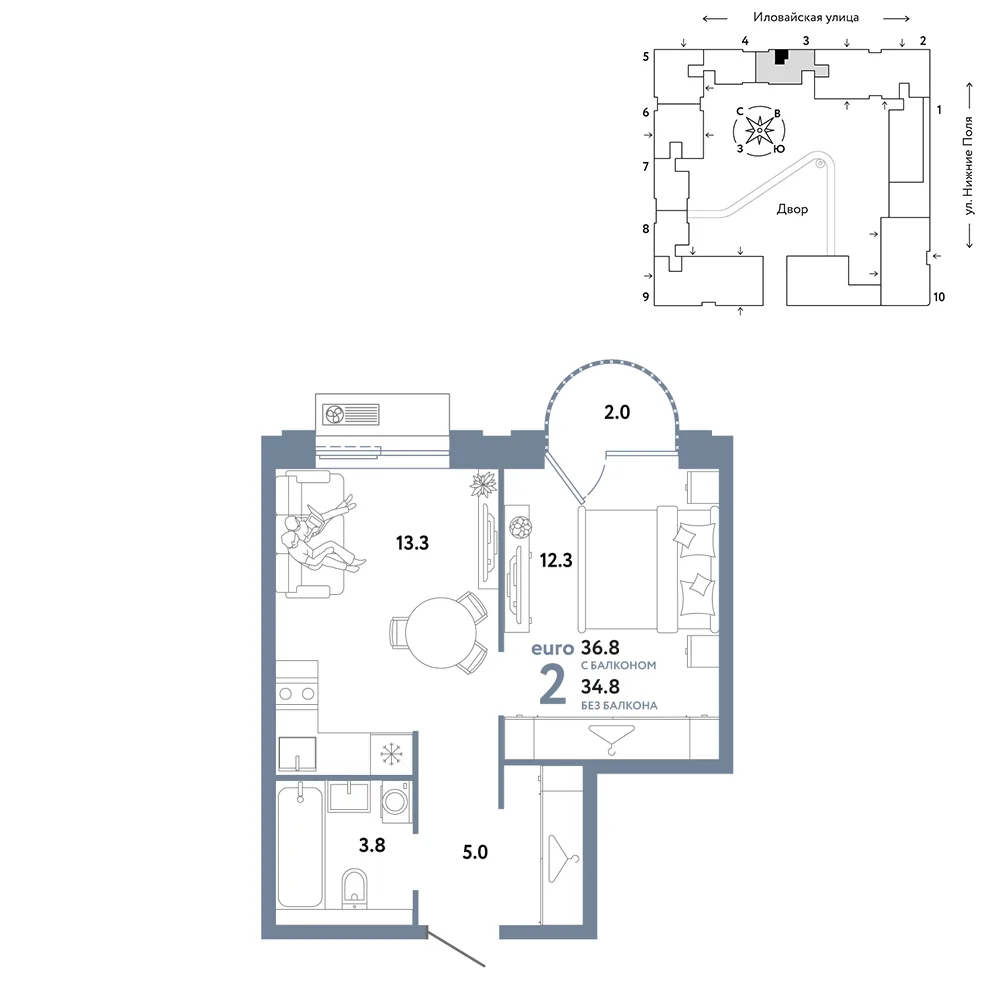 Планировка 2-комн. квартира, 36.8 м² ЖК «Страна.Заречная»