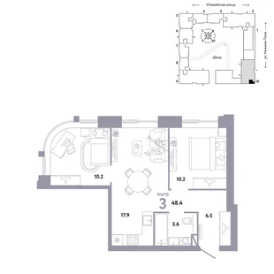 Планировка 3-комн. квартира, 48.4 м² ЖК «Страна.Заречная»