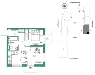 Планировка 2-комн. квартира, 42.89 м² ЖК «Уральский сад»