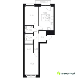 Планировка 2-комн. квартира, 64.51 м² ЖК «Statum»
