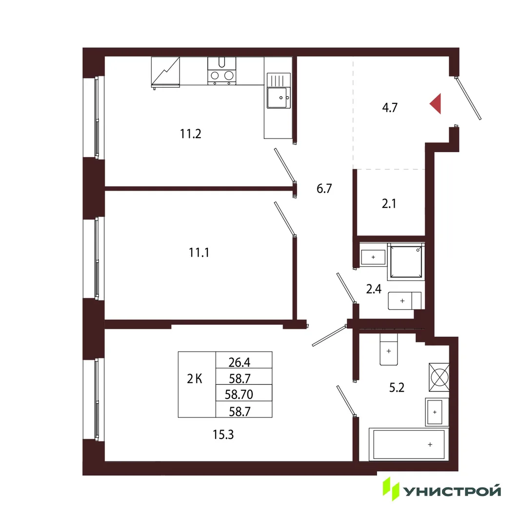Планировка 2-комн. квартира, 58.7 м² ЖК «Лисино»
