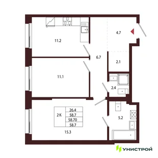 Планировка 2-комн. квартира, 58.7 м² ЖК «Лисино»