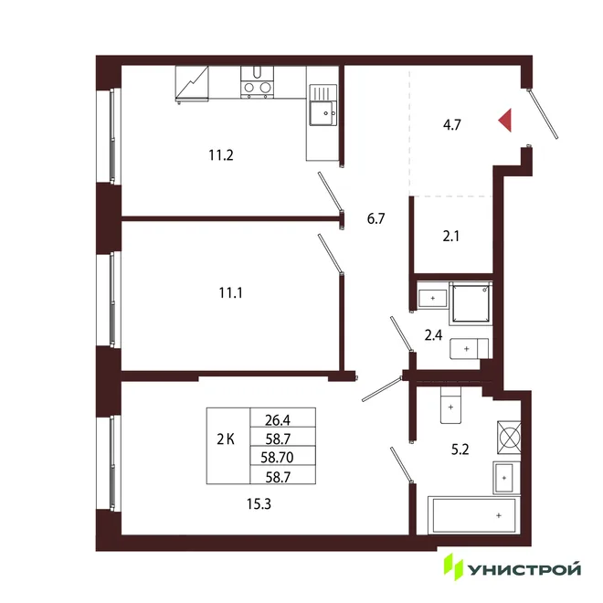 Планировка 2-комн. квартира, 58.7 м² ЖК «Лисино» Планировка 2-комн. квартира, 58.7 м² ЖК «Лисино»