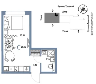Планировка Студия, 25.06 м² ЖК «Микрорайон Домашний»